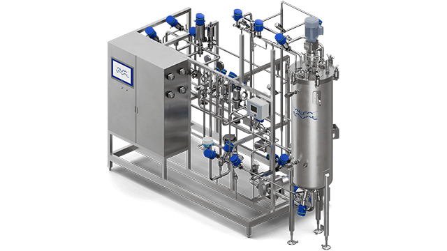 Stainless‑steel industrial fermentation system with integrated control panel, automated valves, sensors, and a tall bioreactor vessel designed for bioprocessing, pharmaceutical production, and high‑precision fermentation operations